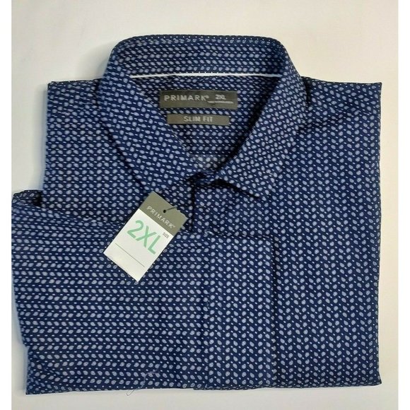 Primark Other - Primark Mens Button Down Shirt Long Sleeve XXL Cotton Navy Blue Slim Fit Paisley